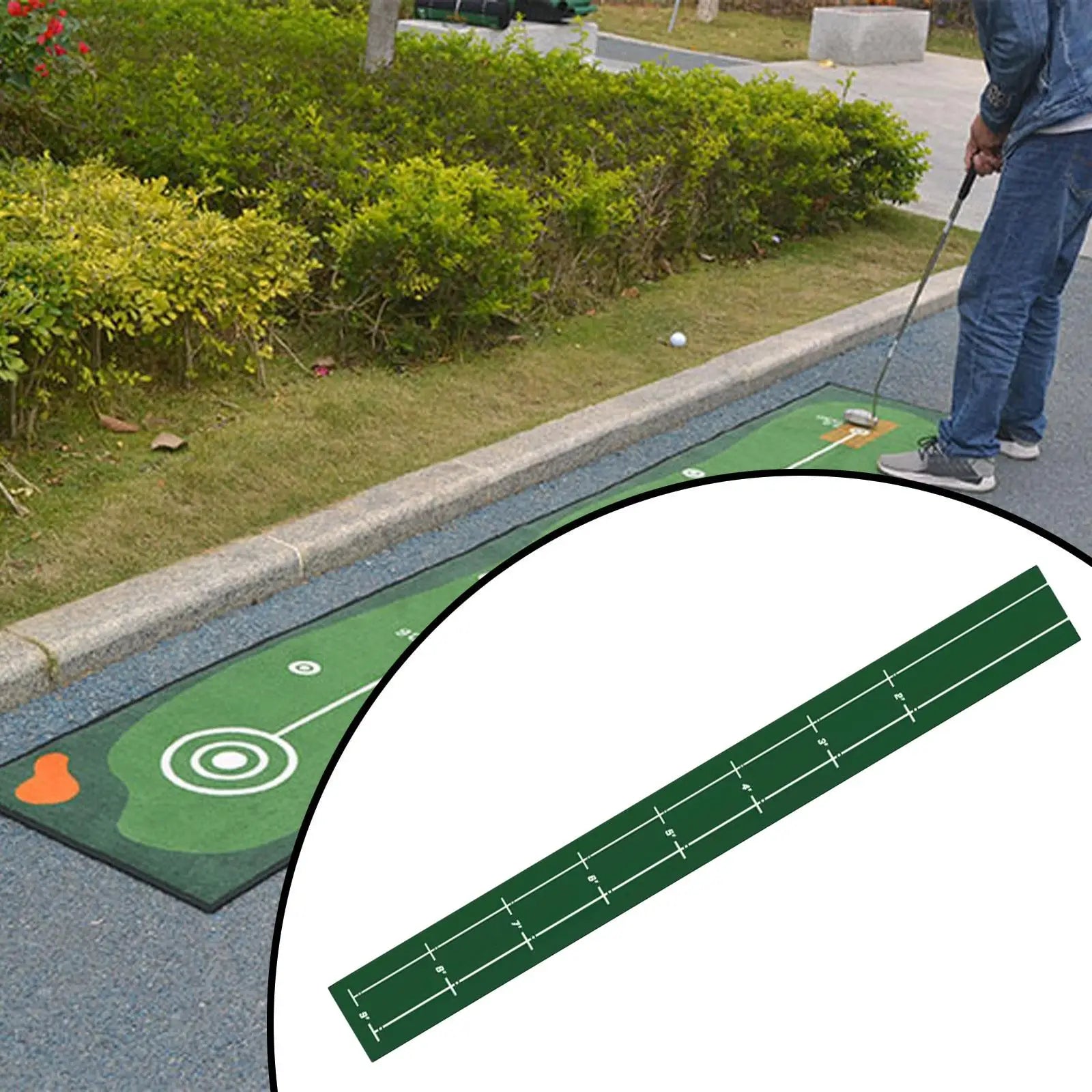 Person playing mini golf on a green mat with a close-up of the mat in the corner.