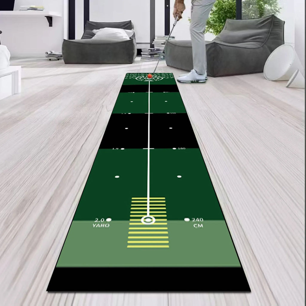 Golf simulator mat on a wooden floor with a person holding a golf club.