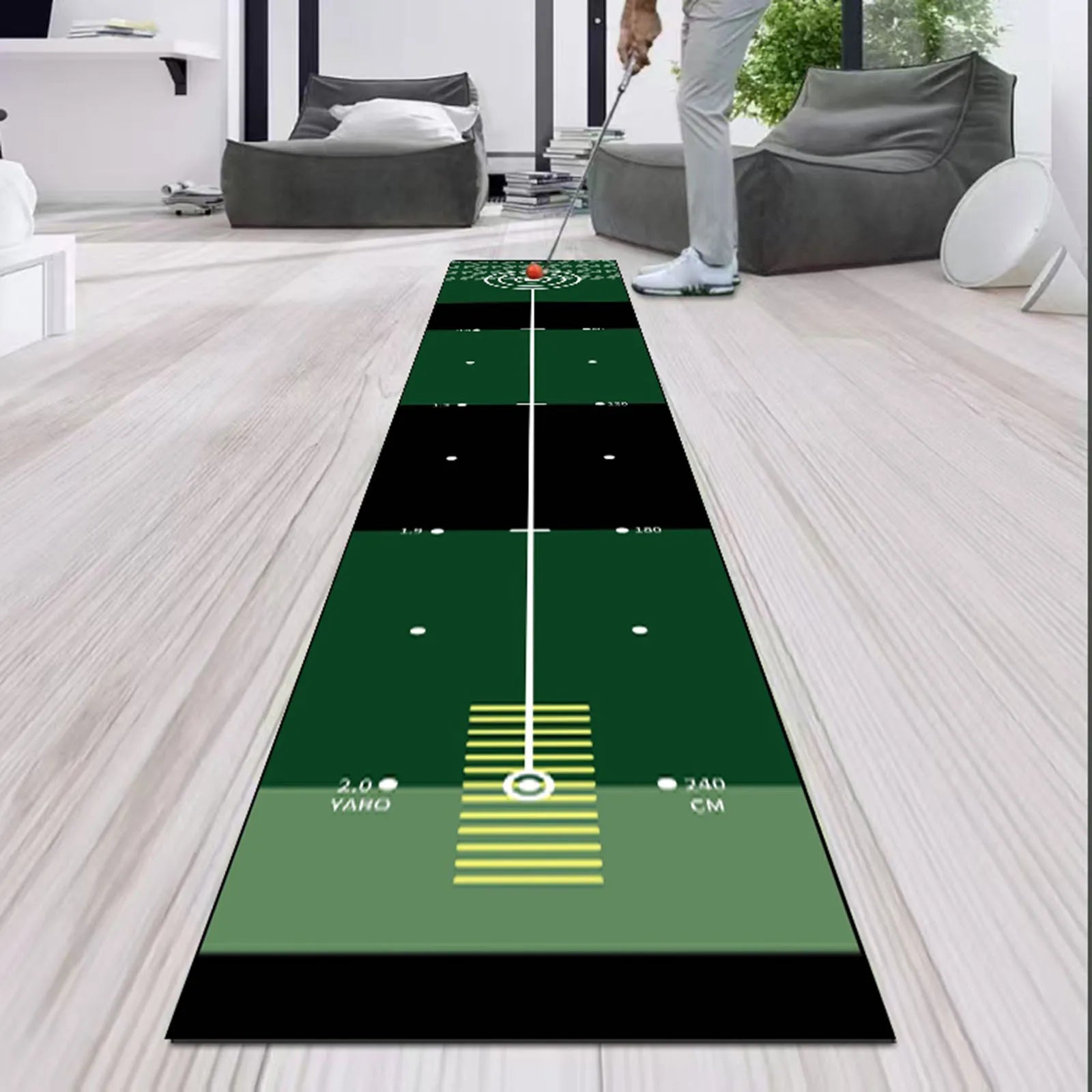 Golf simulator mat on a wooden floor with a person holding a golf club.