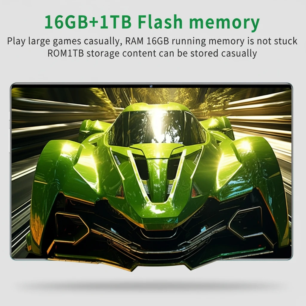 Green futuristic vehicle with text about flash memory on a dark background