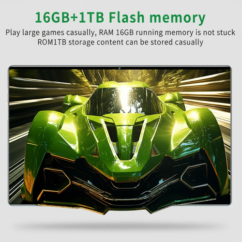 Green futuristic vehicle with text about flash memory on a dark background