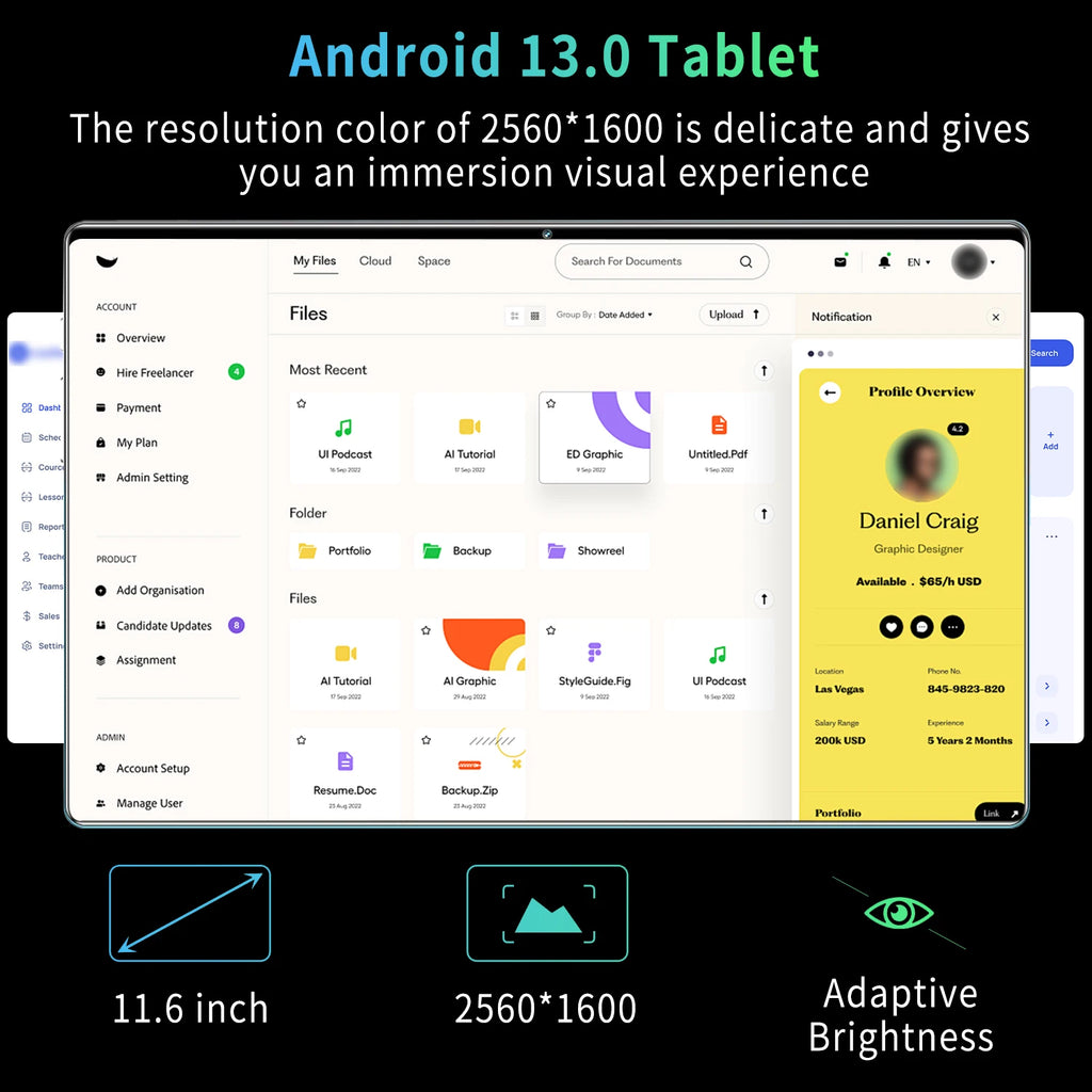 Android 13.0 Tablet with user interface display on a black background