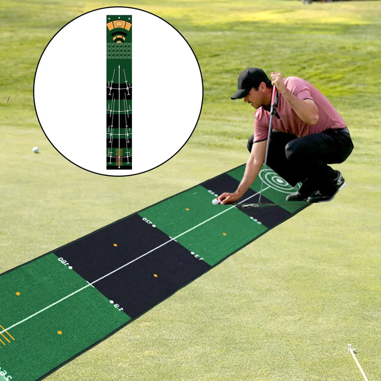 Person practicing golf putting on a green mat with a close-up of the mat's design.