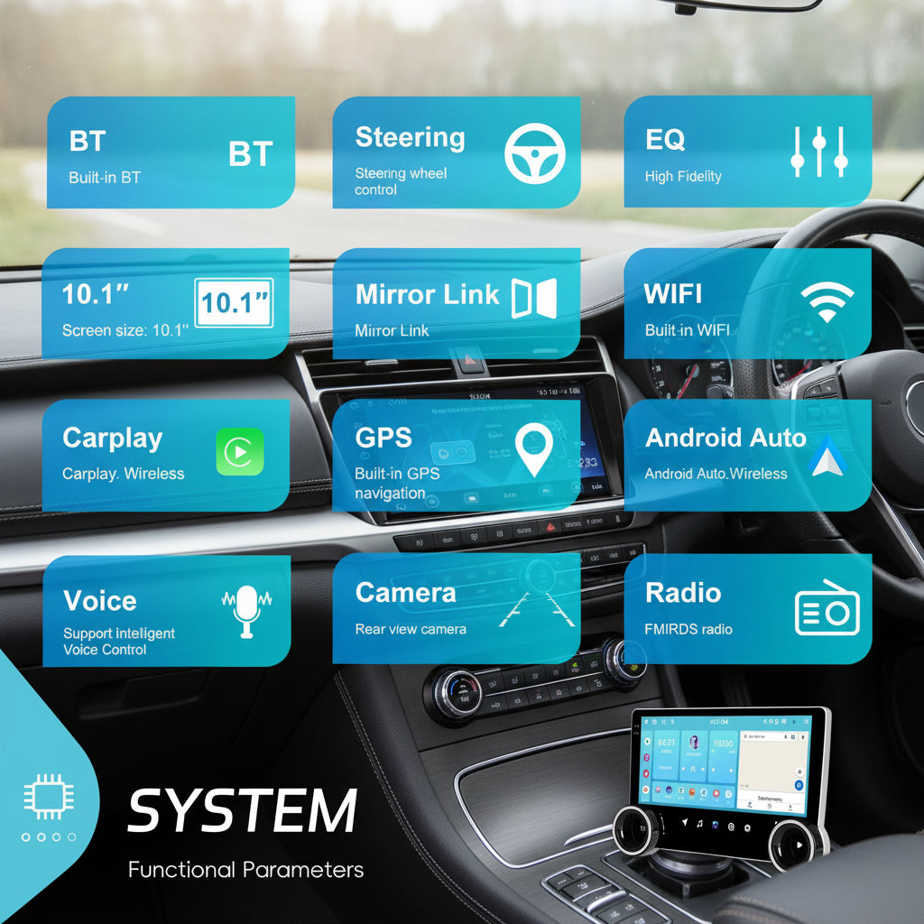 Functional parameters of a car system displayed on a dark background with icons and text.