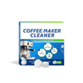 Coffee maker cleaner packaging with two white cleaning tablets on a white background