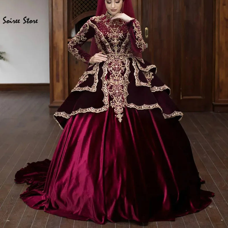 Vintage Muslim Burgundy Wedding Dress - Beaded Velvet Satin