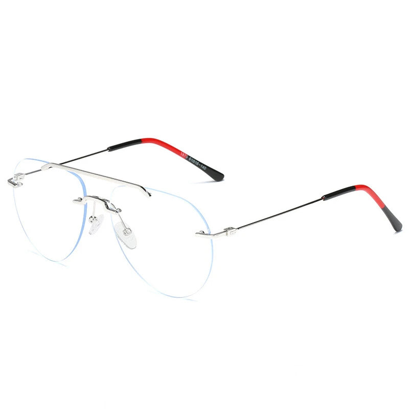 Eyeglasses with red and black arms on a white background