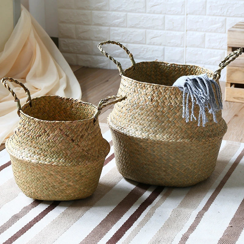 Seagrass Wicker Woven Belly Basket – Folding Storage & Plant Pot