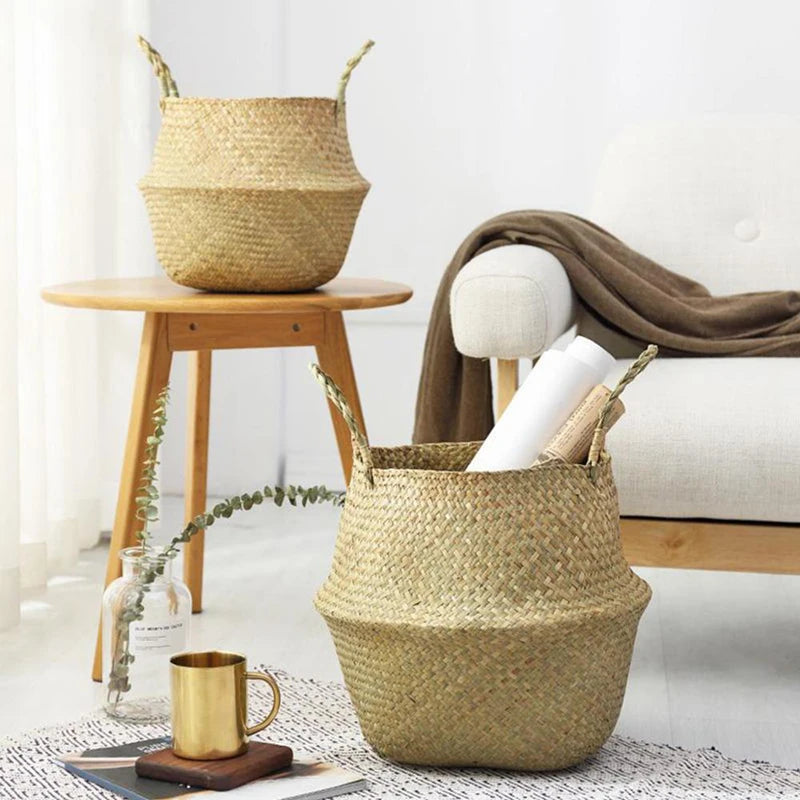 Seagrass Wicker Woven Belly Basket – Folding Storage & Plant Pot