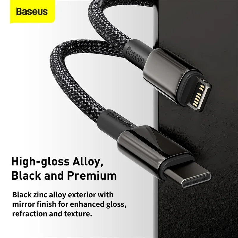 Baseus USB cable with high-gloss alloy finish on a black and white background