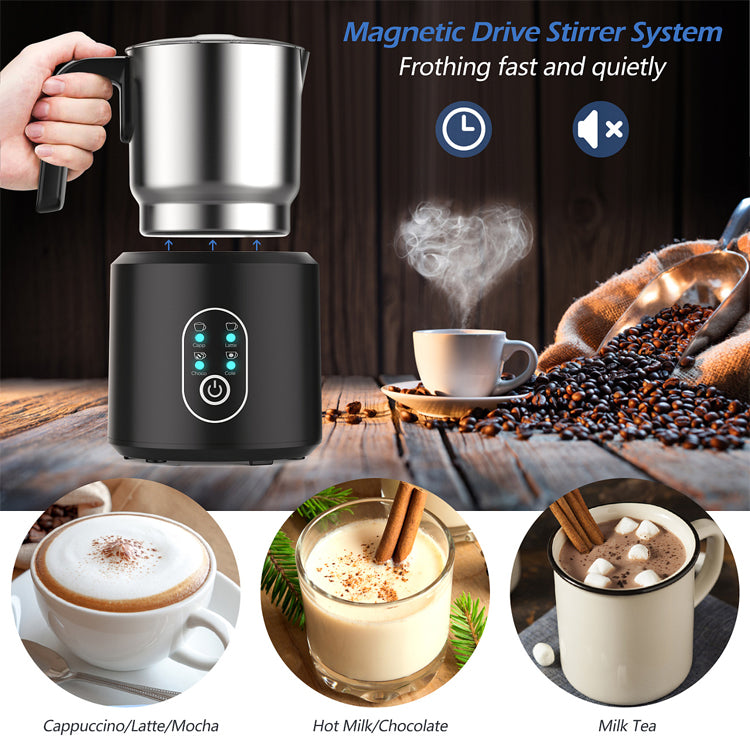 Magnetic drive stirrer system with coffee and hot chocolate images on a wooden background
