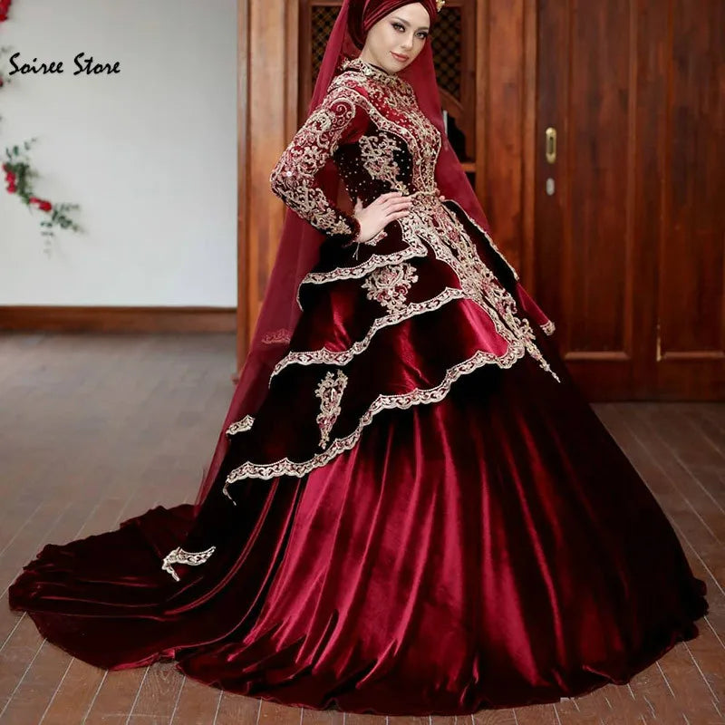 Vintage Muslim Red Wedding Dress - Beaded Velvet Satin