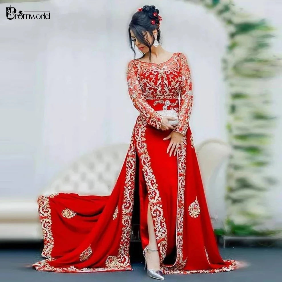 Red Middle Eastern Evening Dress – Gold Lace A-Line Long Sleeve Kaftan