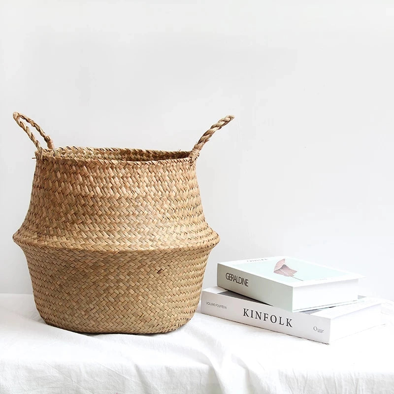 Seagrass Wicker Woven Belly Basket – Folding Storage & Plant Pot