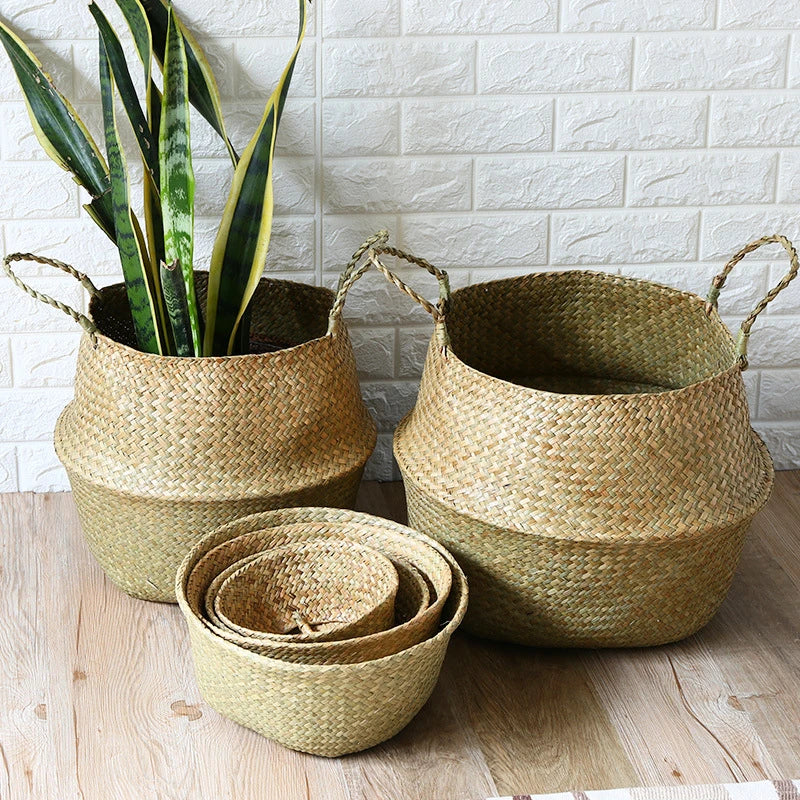 Seagrass Wicker Woven Belly Basket – Folding Storage & Plant Pot