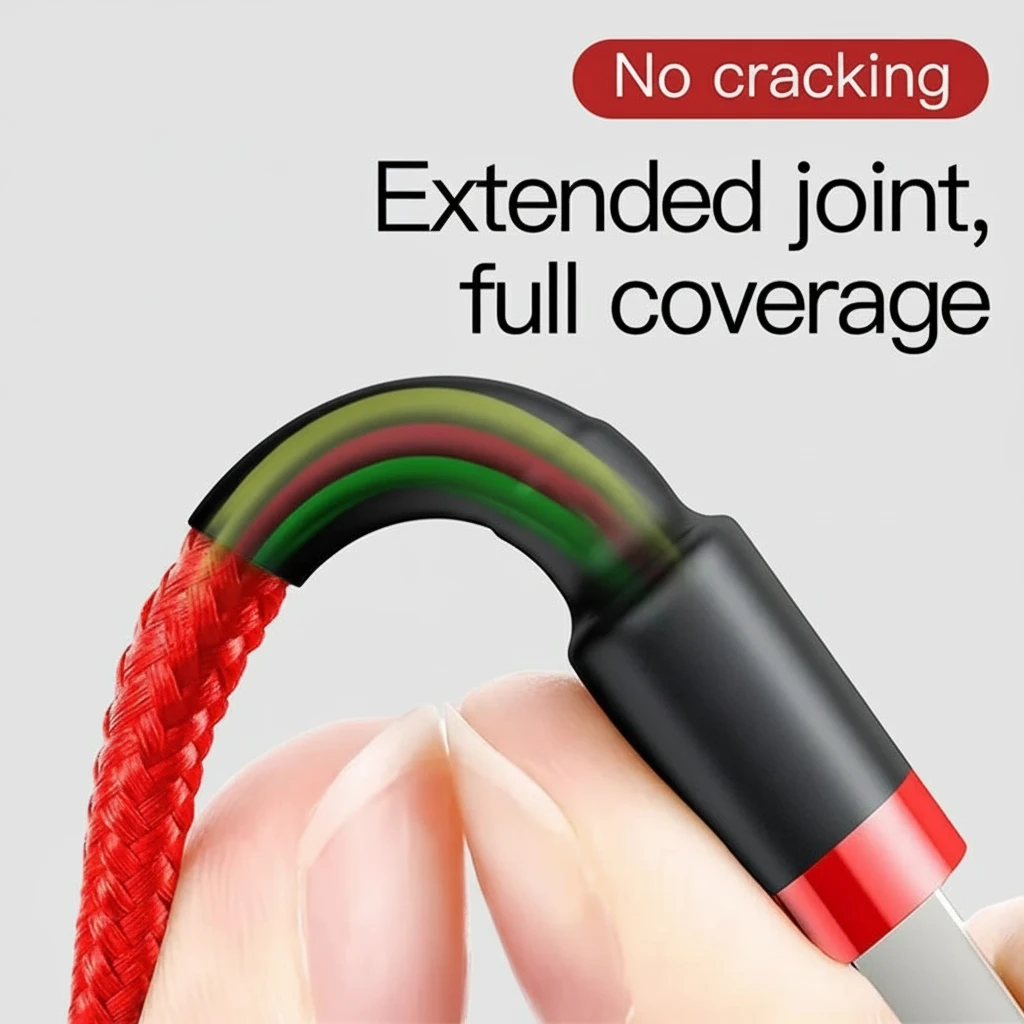 Close-up of a red and black nail tool with text 'No cracking' and 'Extended joint, full coverage' on a white background.
