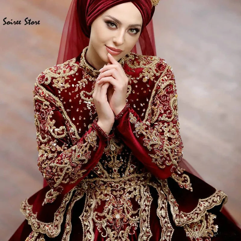 Vintage Muslim Burgundy Wedding Dress - Beaded Velvet Satin