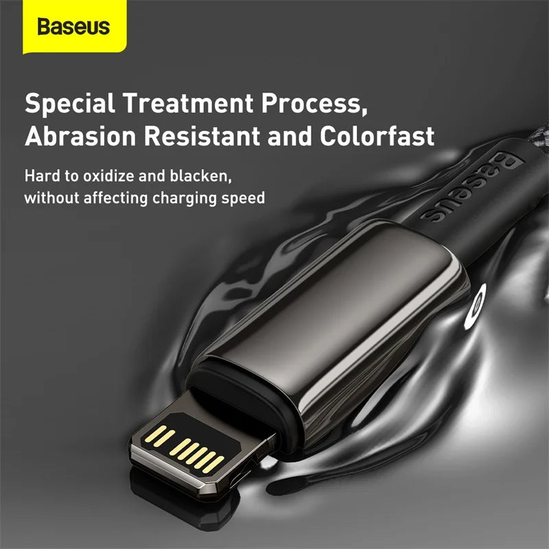 Baseus USB cable on a dark background with text about its properties.