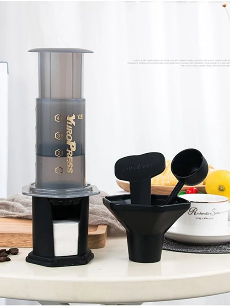 Yuropress 2-in-1 portable coffee maker with reusable stainless steel filter and espresso dripper accessories