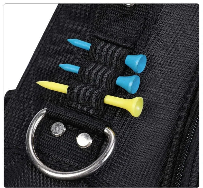 Black pouch with blue and yellow spiky objects and a metal ring on a white background