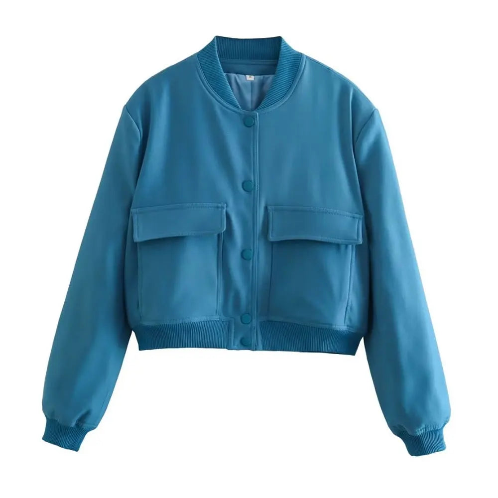 Women Fashion Bomber Jacket With Pockets Casual Vintage Outerwear Coat