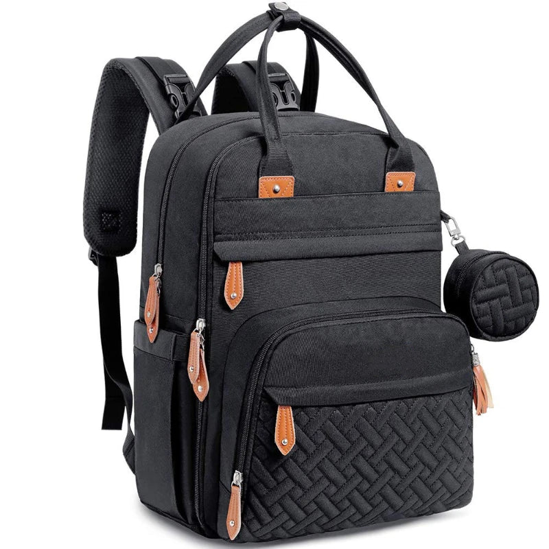 Black backpack with quilted pattern and brown accents on a white background