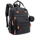 Black backpack with quilted pattern and brown accents on a white background