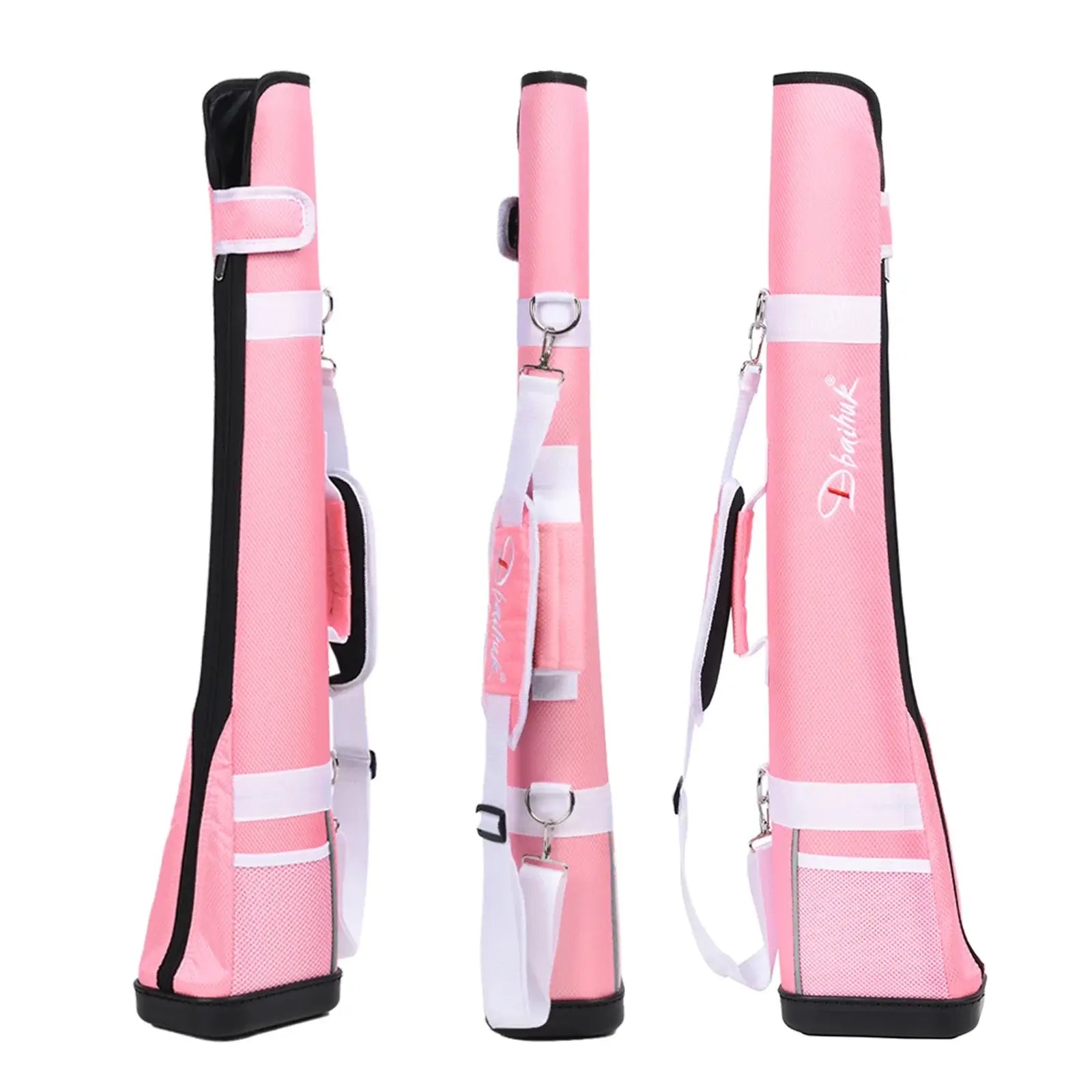 golf gun bag UK - Three views of a pink and white sports carrying case with black trim, shown on a plain white background. The brand name 'Dailinik' is printed in white script on the side.