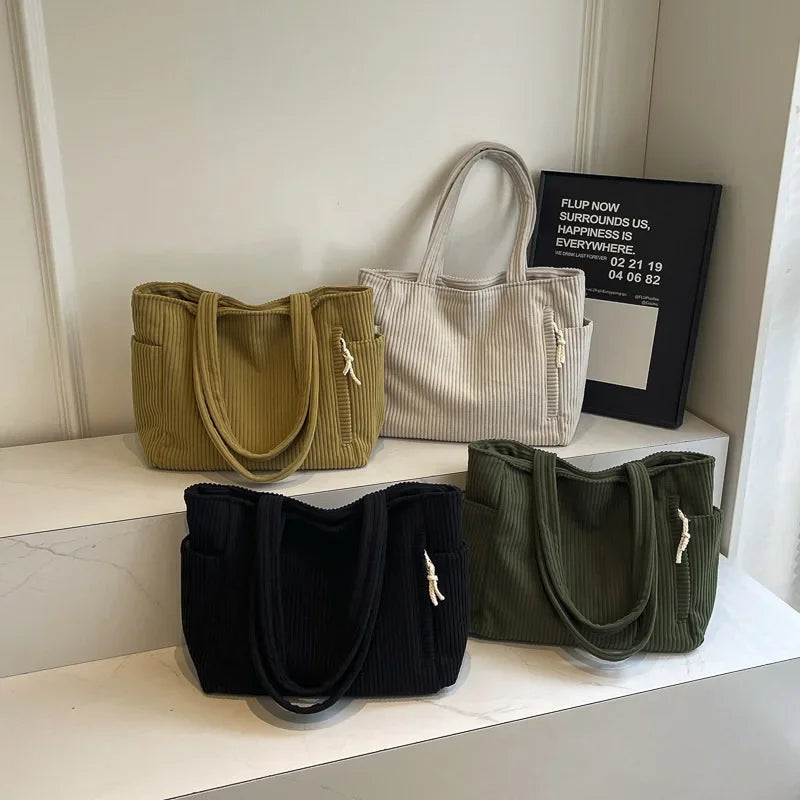 Fashion Striped Velvet Corduroy Shoulder Bag Large Capacity Tote Handbag