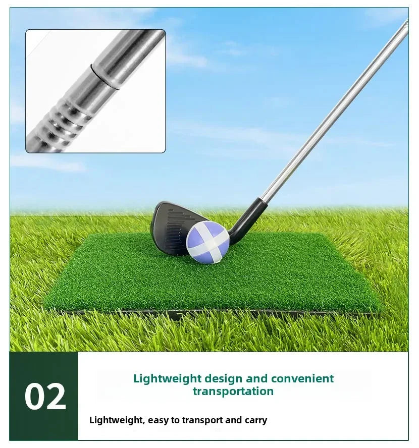 Golf club, ball, and mat on grass with blue sky