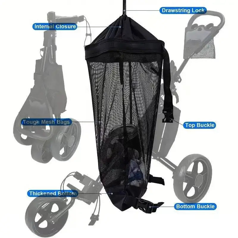Black mesh bag with various features labeled on a golf cart background