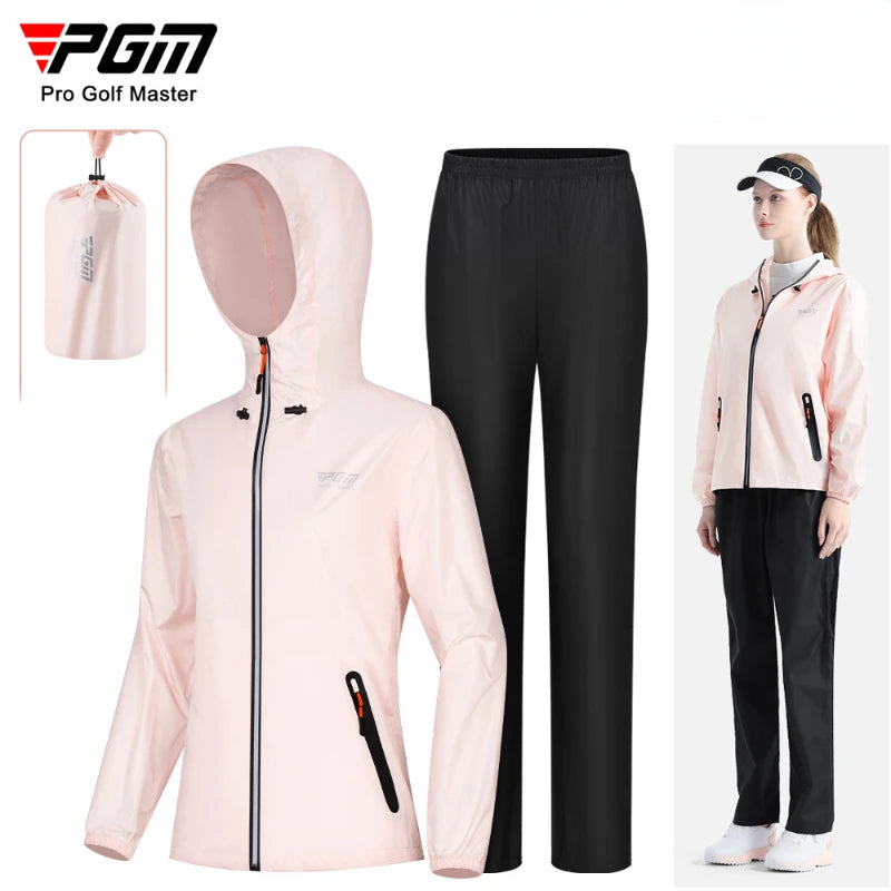 Pink jacket and black pants with Pro Golf Master branding on a white background.