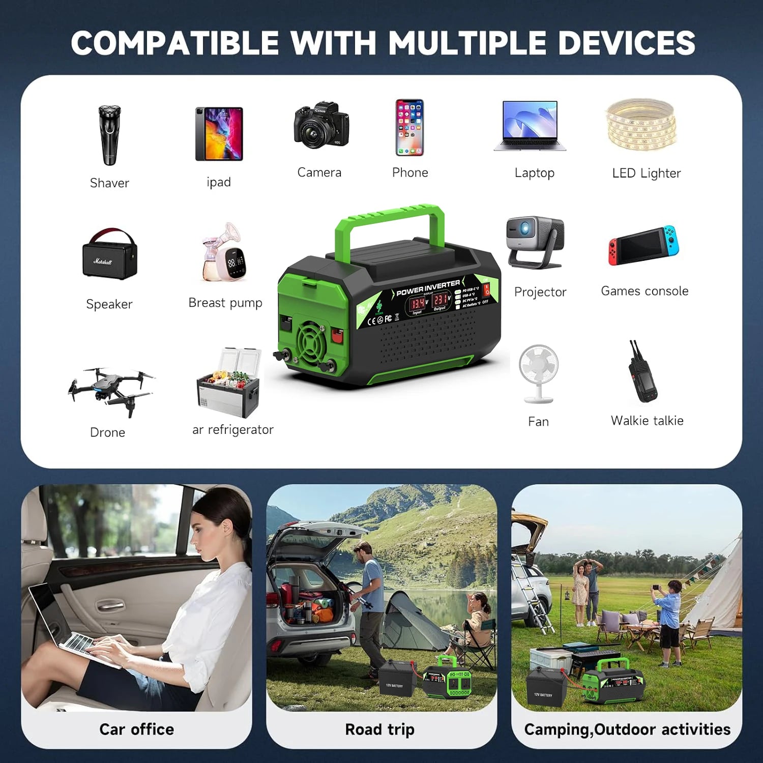 500W 12V to AC Power Inverter with USB & Type-C