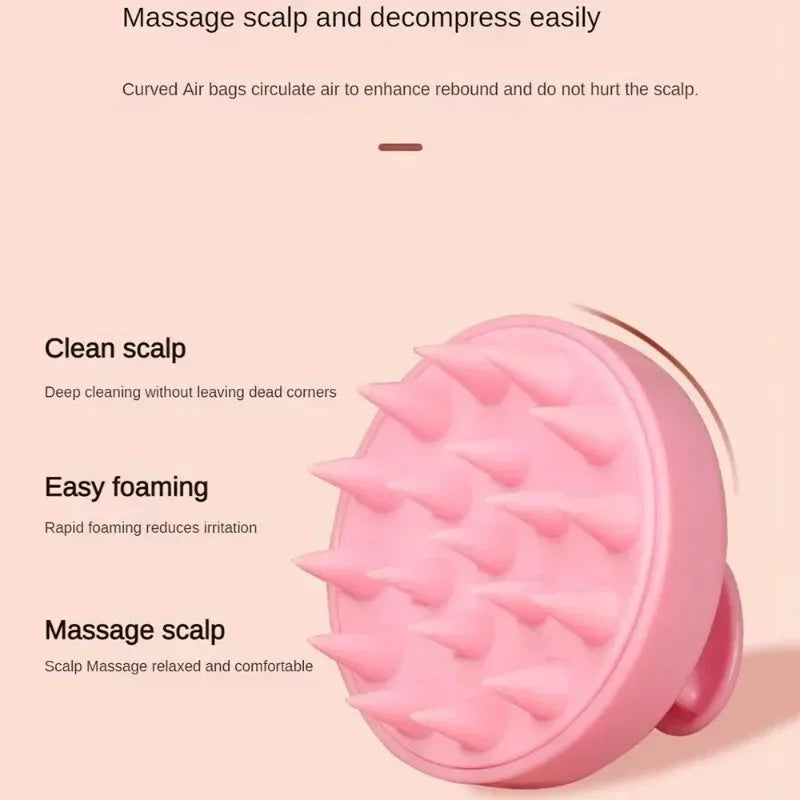 Pink scalp massager with features listed on a pink background