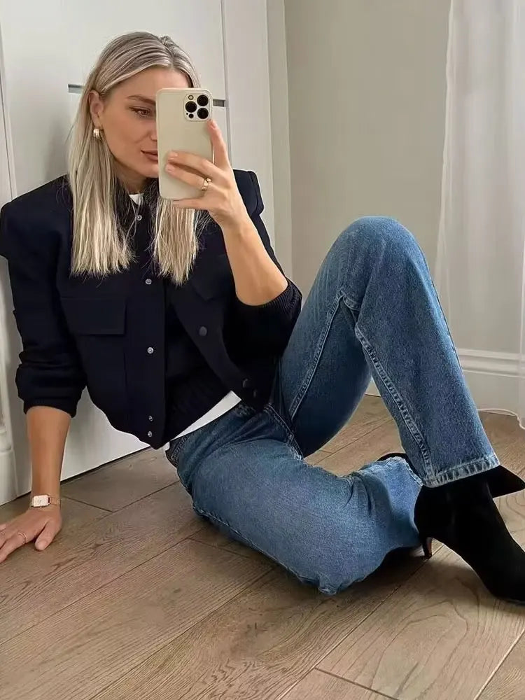 Women Fashion Bomber Jacket With Pockets Casual Vintage Outerwear Coat