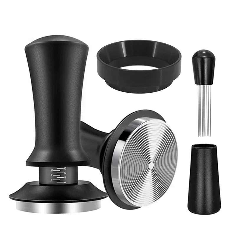 Coffee grinder with various parts on a white background