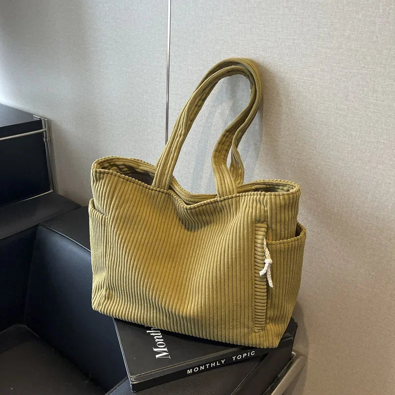 Fashion Striped Velvet Corduroy Shoulder Bag Large Capacity Tote Handbag
