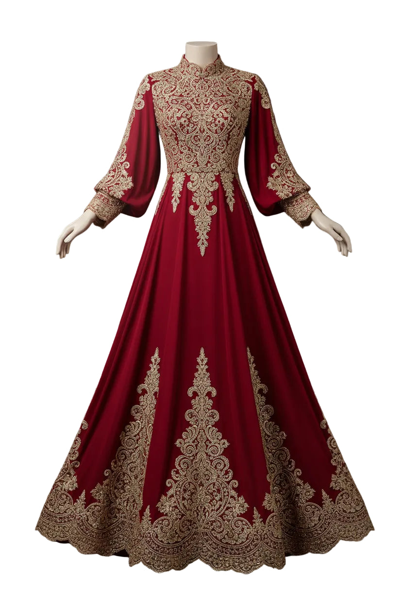 Red Middle Eastern Evening Dress – Gold Lace A-Line Long Sleeve Kaftan