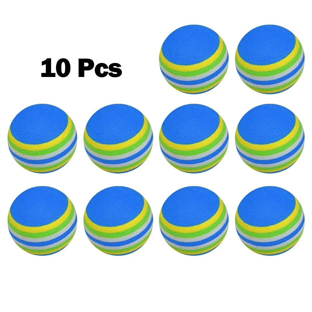 10 blue and green striped foam golf balls UK on a white background with '10 Pcs' text.