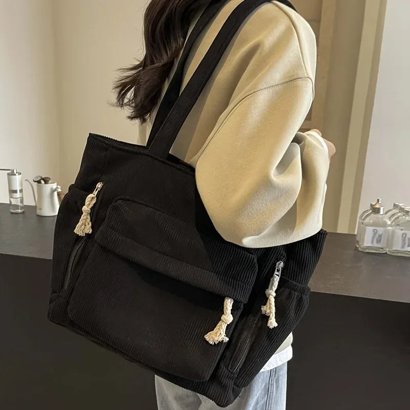 Multi-Pocket Corduroy Women’s Shoulder Tote Bag