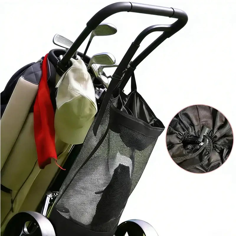 Stroller organizer with mesh pocket attached to a stroller, showing a close-up of the zipper.