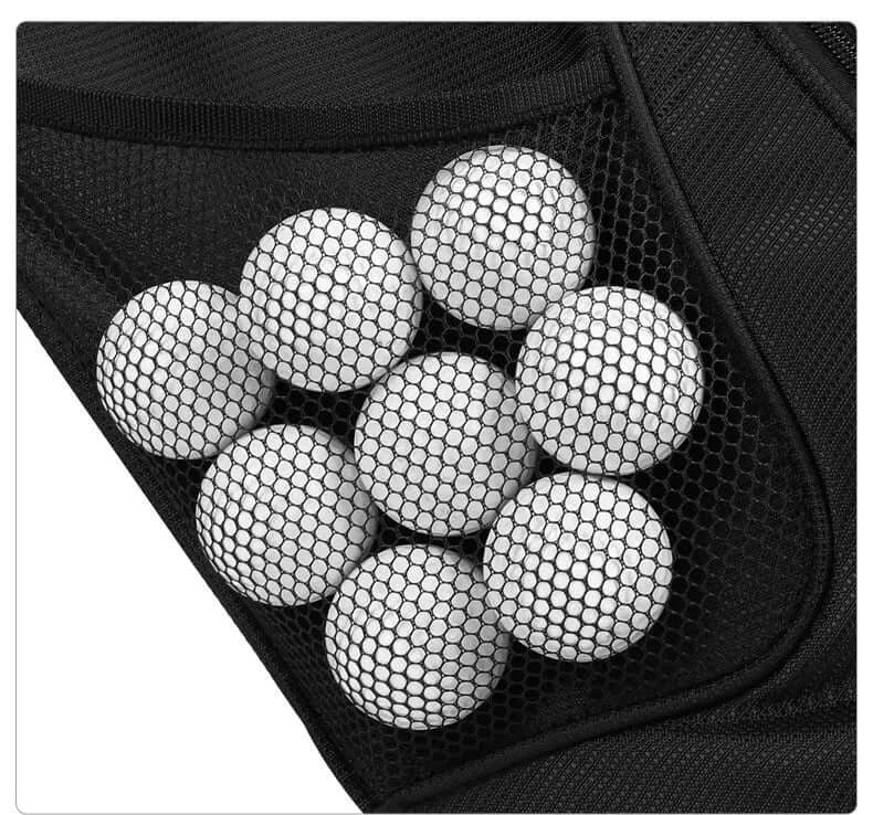 Black mesh bag with white balls inside