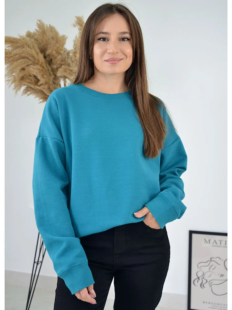 Blue Cotton Sweatshirts Oversize Women O Neck Loose Pullovers Long Sleeve.