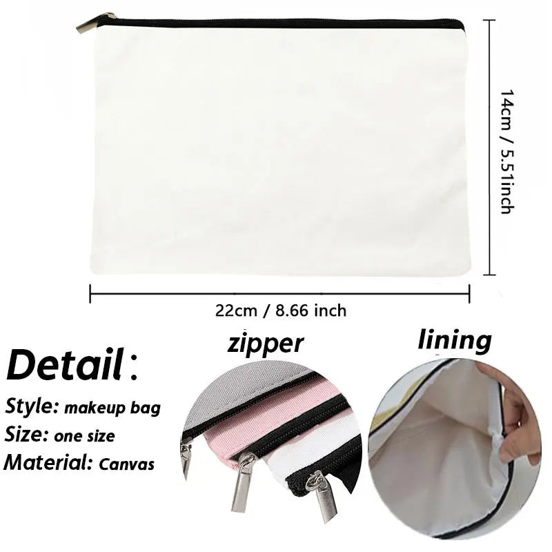 White makeup bag with measurements and details on a white background