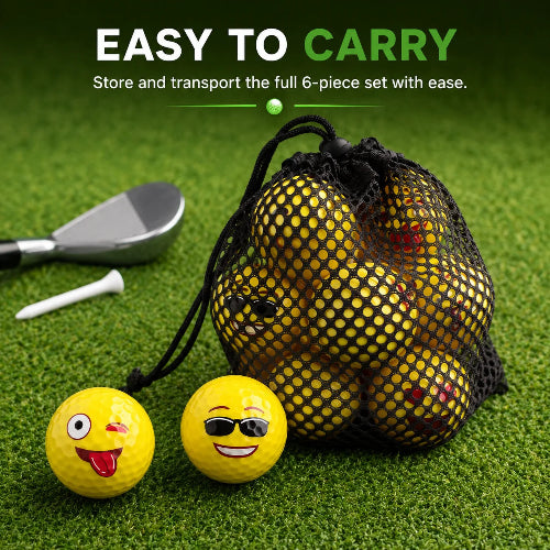 
funny emoji golf balls -
A set of six yellow golf balls with cartoon emoji faces, shown with a black mesh drawstring bag, a golf club head, and a white tee on green turf. Text at the top reads 'EASY TO CARRY' and 'Store and transport the full 6-piece set with ease.