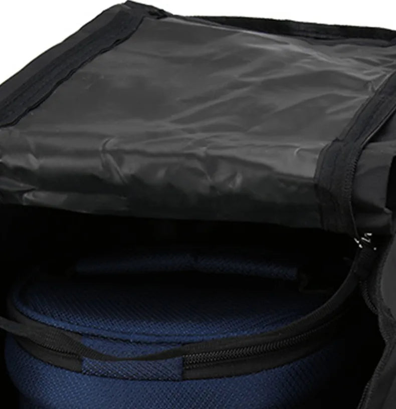 Black bag with a blue interior and zipper