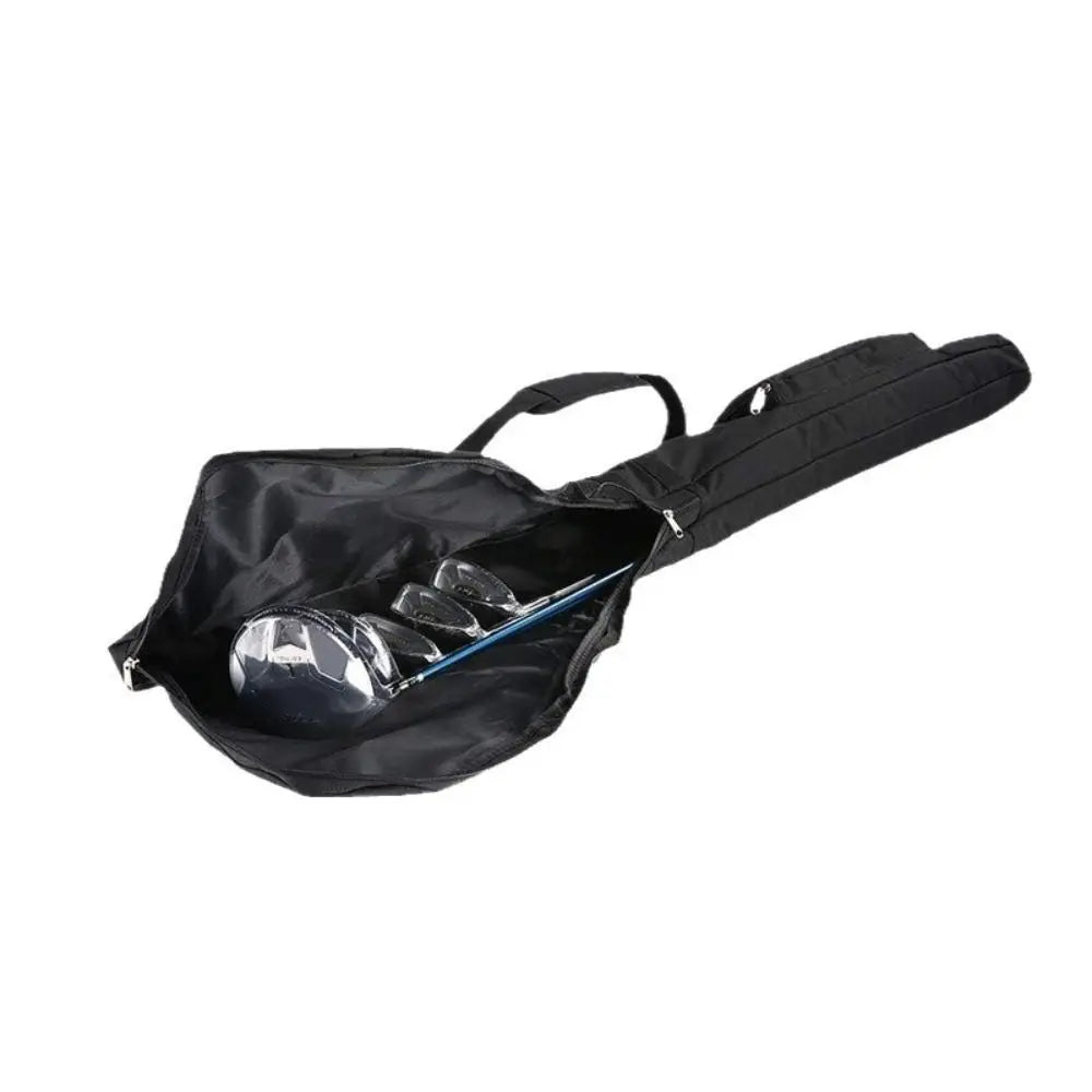 golf sunday bag UK - A black golf bag shown open on a plain white background, with several golf clubs visible inside.