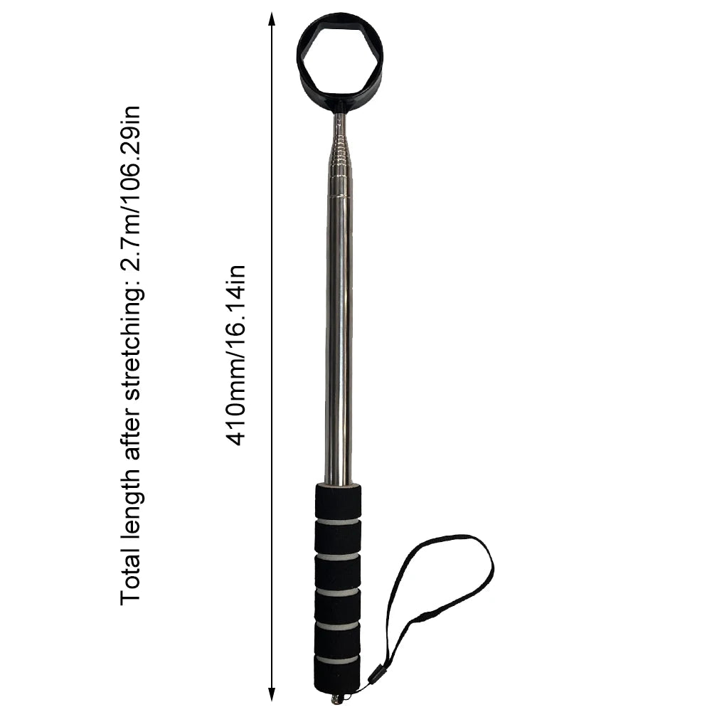 Measurement chart of a telescopic tool with black handle and silver shaft on a white background.
