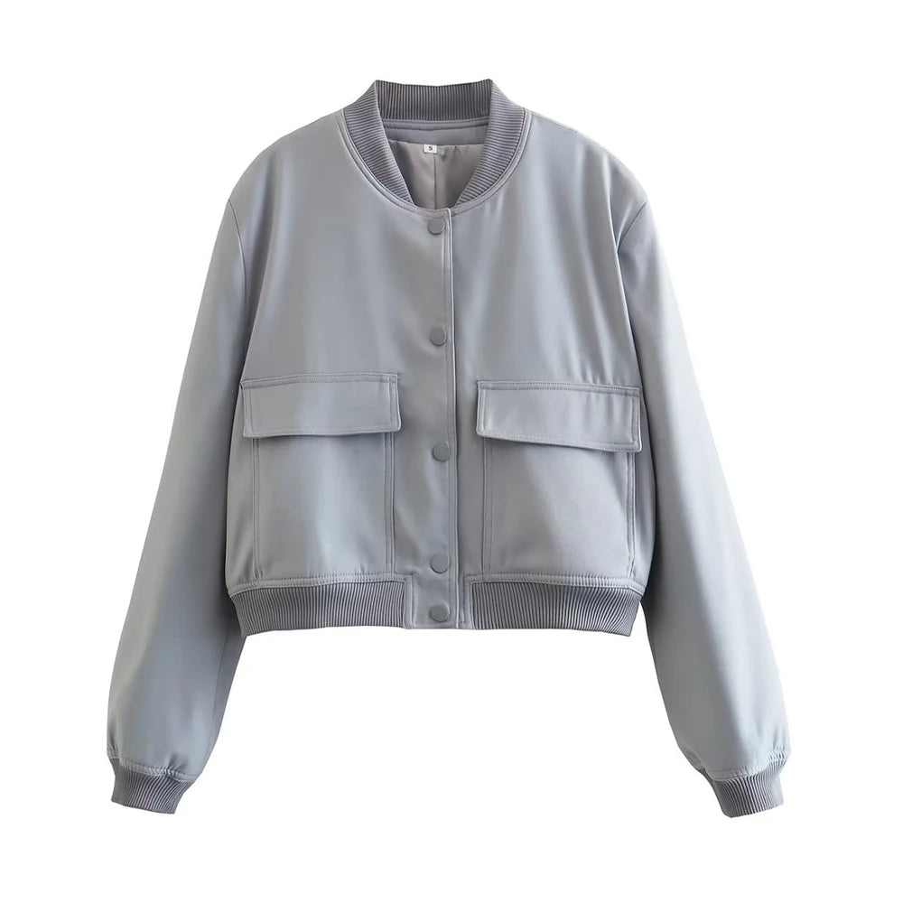 Women Fashion Bomber Jacket With Pockets Casual Vintage Outerwear Coat