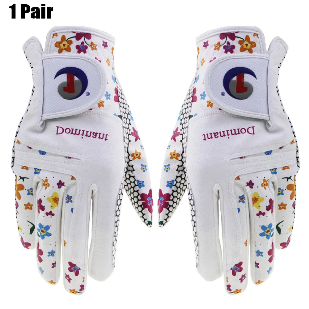 Pair of white women's golf gloves UK with colorful floral pattern on a white background
